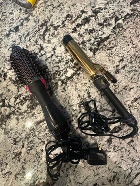 Hot tools Gold Barrel Curling Iron and Revlon  Hot Air Brush Set -